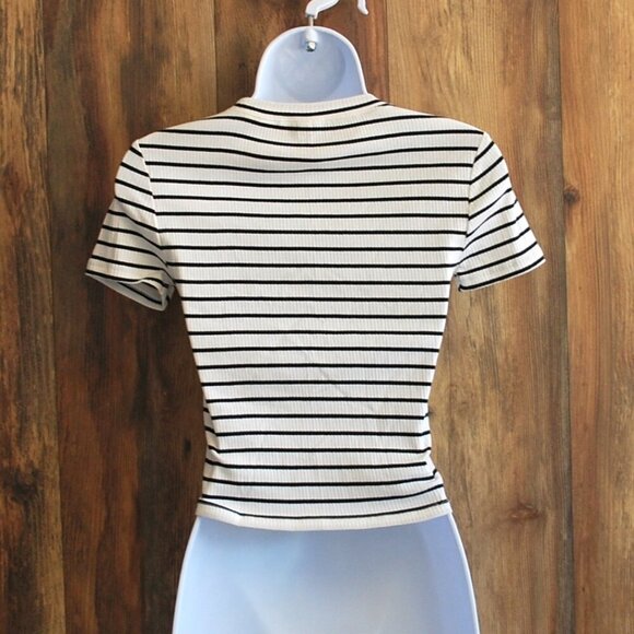Divided Crop Tee Black White Stretch Stripes Women's Small - Picture 2 of 3